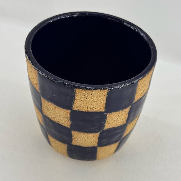 Handmade Studio Art Pottery Checkered Planter Navy Blue & Brown 3.5" Tall - Picture 2 of 5